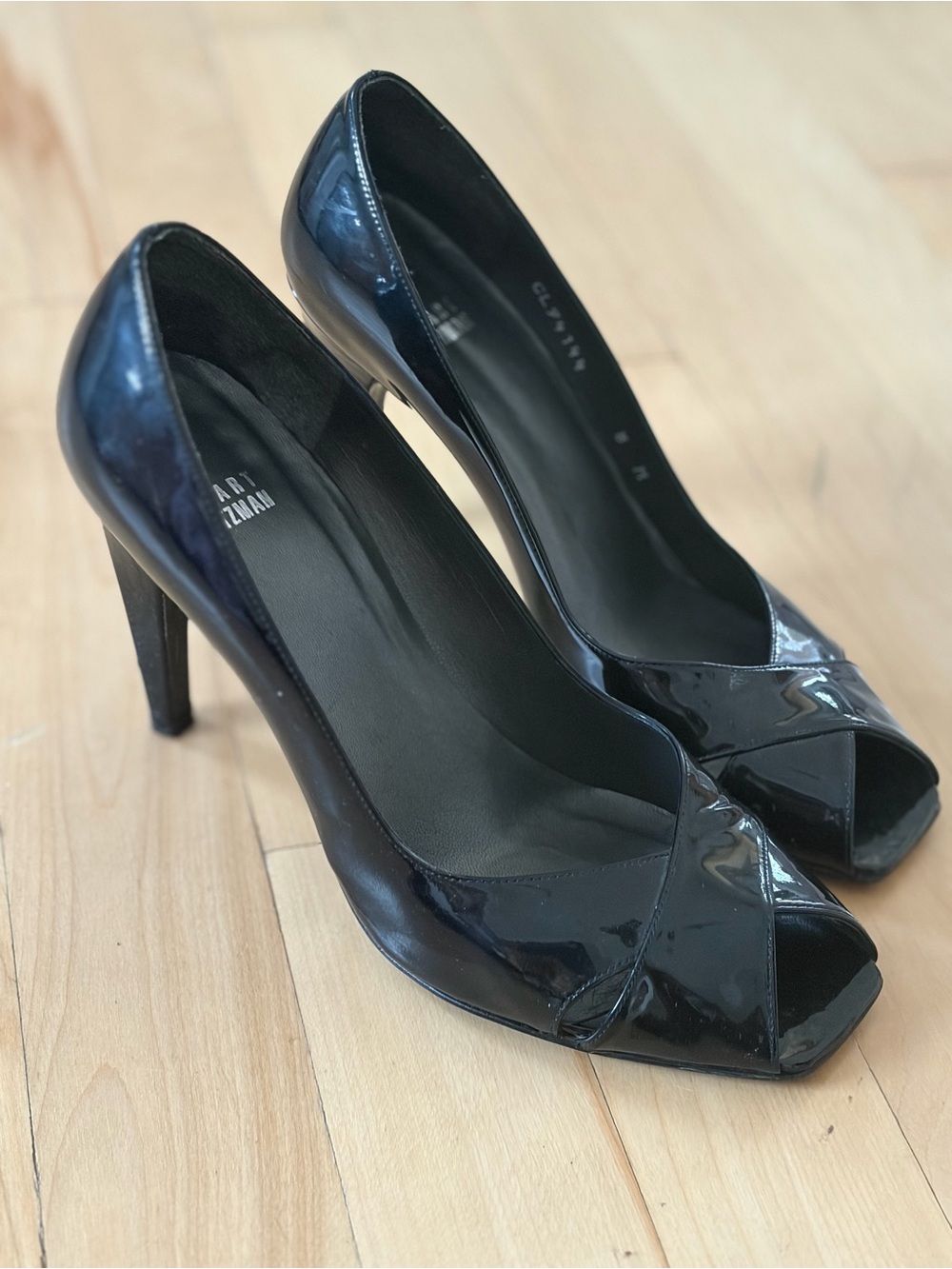 Stuart Weitzman Black Patent Leather Open-Toe Pumps